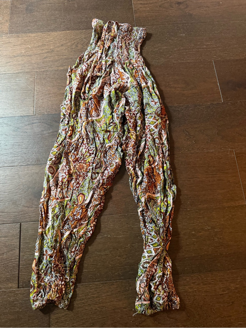 Smocked Waist Harem Pants - Brown Multi